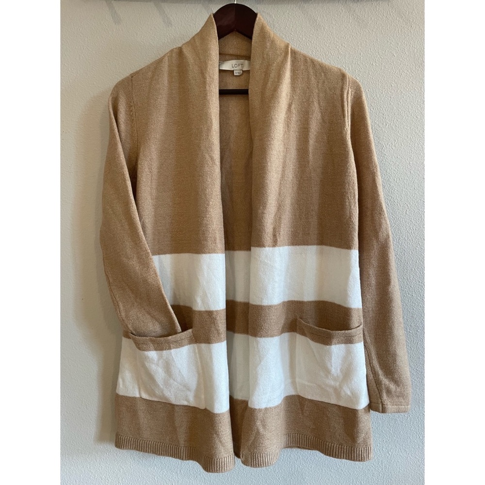 LOFT Tan/Beige and White Wide Stripe Long Cardigan Shawl Collar Size XS